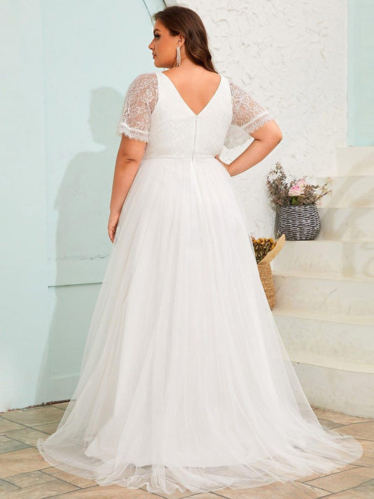 LUSARA'S BRIDE|Dreamy Plus Size V-Neck Lace Short Sleeves Tulle Wedding Dresses