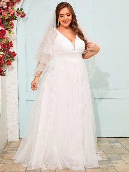 LUSARA'S BRIDE|Dreamy Plus Size V-Neck Lace Short Sleeves Tulle Wedding Dresses