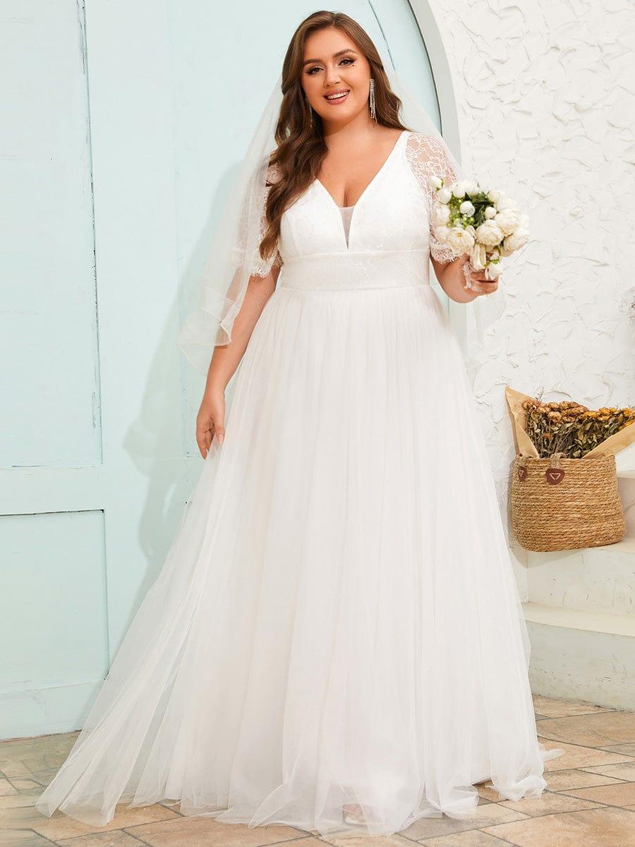 LUSARA'S BRIDE|V-Neck Tulle Wedding Dresses with Lace Short Sleeves
