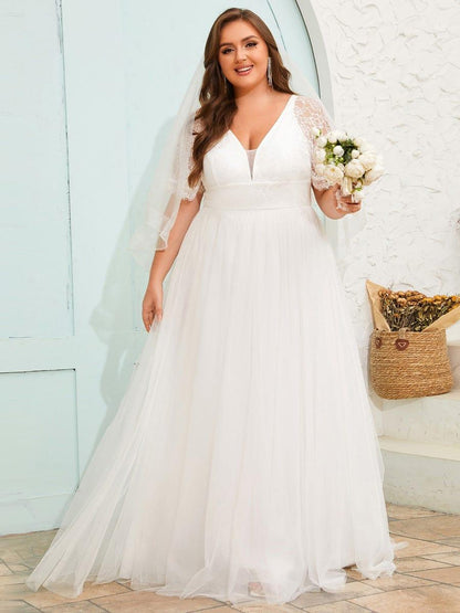 LUSARA'S BRIDE|V-Neck Tulle Wedding Dresses with Lace Short Sleeves