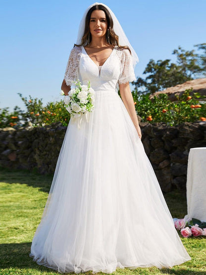 LUSARA'S BRIDE|V-Neck Tulle Wedding Dresses with Lace Short Sleeves