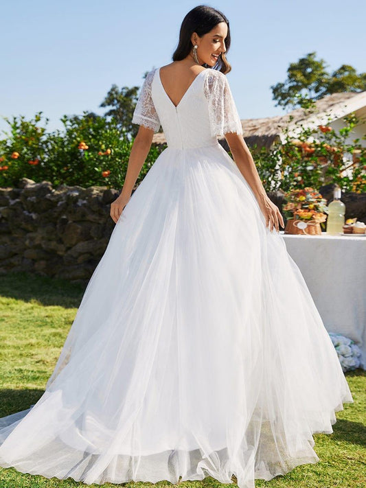 LUSARA'S BRIDE|V-Neck Tulle Wedding Dresses with Lace Short Sleeves