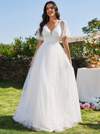 LUSARA'S BRIDE|V-Neck Tulle Wedding Dresses with Lace Short Sleeves