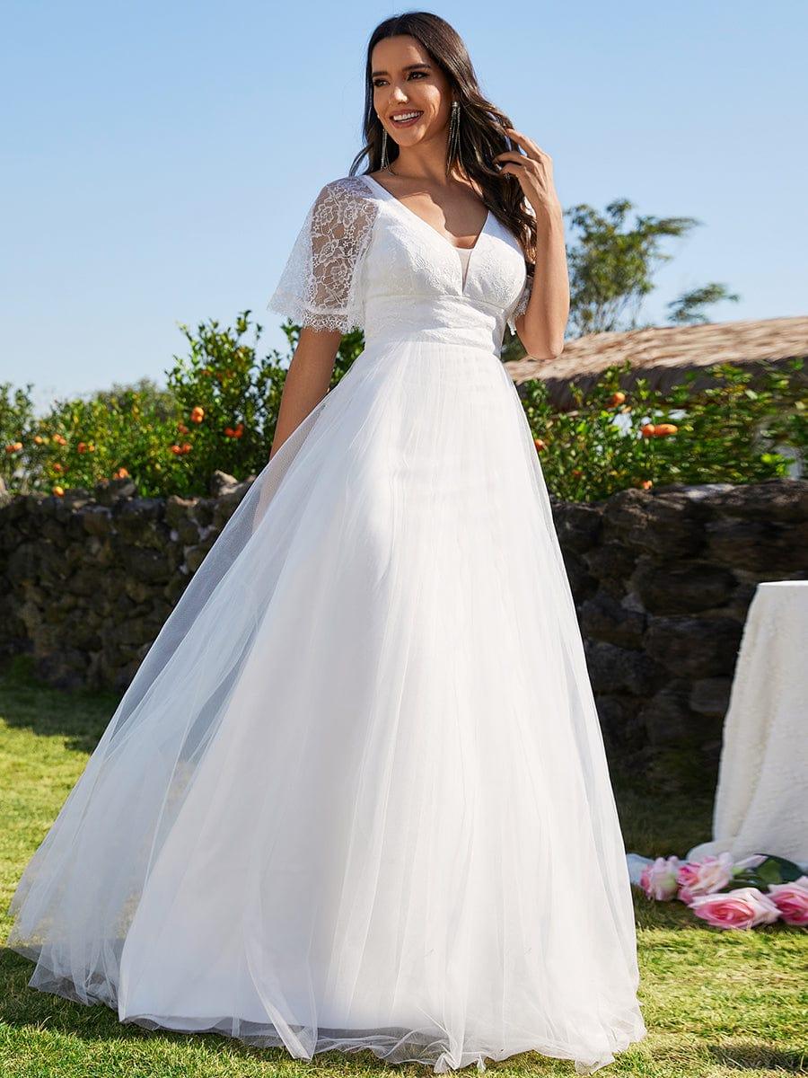 LUSARA'S BRIDE|V-Neck Tulle Wedding Dresses with Lace Short Sleeves