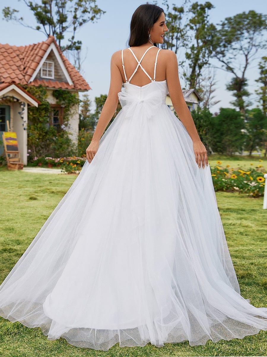 MEILANI'S BRIDE|Delicate Bow Back Spaghetti Strap A-Line Wedding Dress with V-Neck