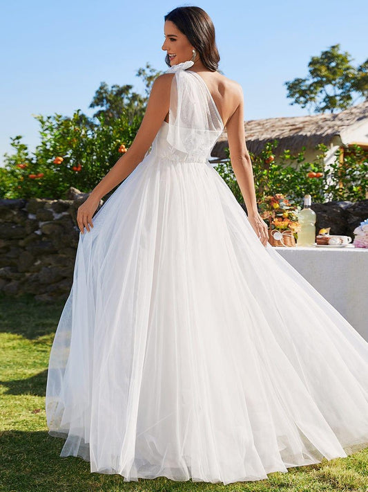 MOROELLE'S BRIDE|One-Shoulder Backless Tulle Wedding Dress with Front Floral Print