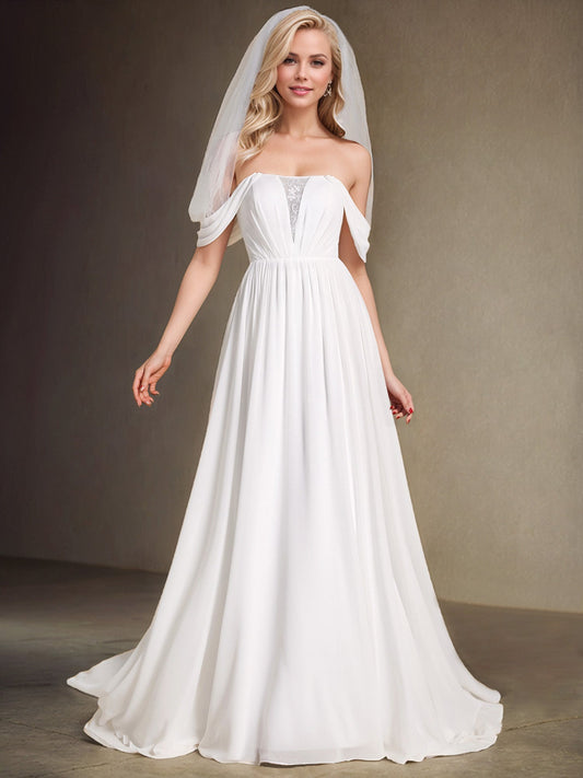 Off Shoulder Lace-Up Back Chiffon A-Line Wedding Dress