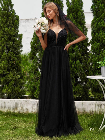 V-Neck A-Line Wedding Dress featuring Delicate Pearl Accents