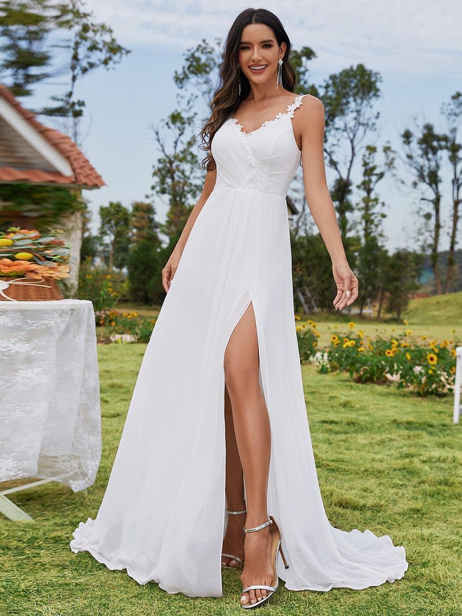 BALIENNE'S BRIDE|Printed Shoulder Straps V-Neck Chiffon High-Slit Wedding Dress
