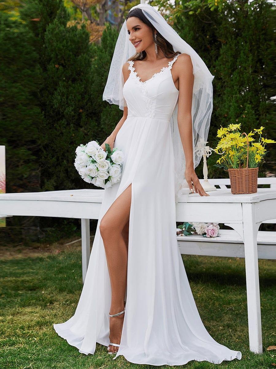 BALIENNE'S BRIDE|Printed Shoulder Straps V-Neck Chiffon High-Slit Wedding Dress