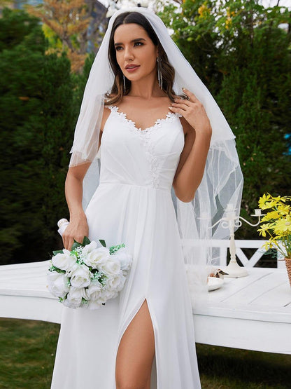 BALIENNE'S BRIDE|Printed Shoulder Straps V-Neck Chiffon High-Slit Wedding Dress