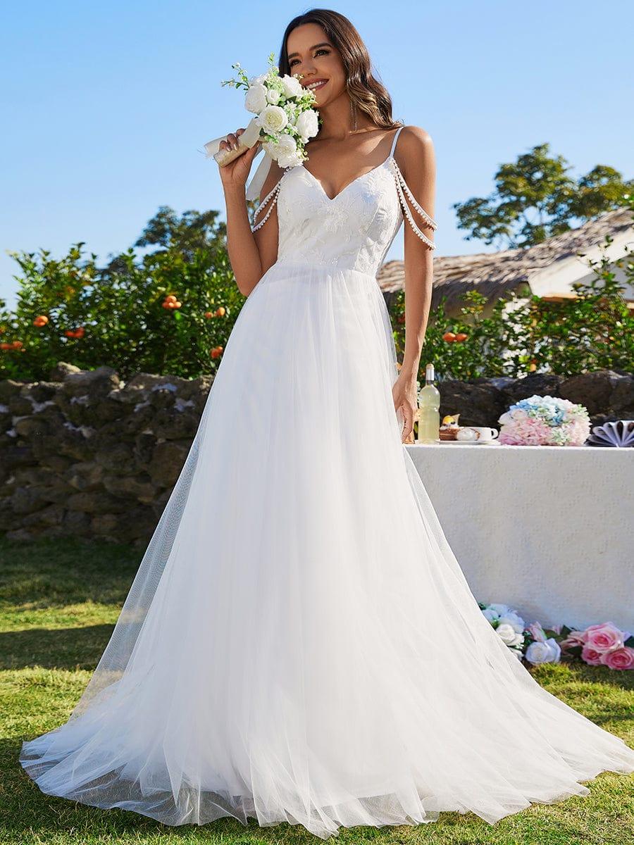BRAZIA'S BRIDE|A-Line Pearl Spaghetti Strap Embroidered Tulle Wedding Dress with V-Neck