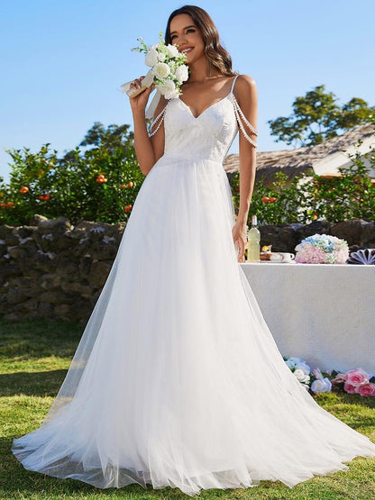 BRAZIA'S BRIDE|A-Line Pearl Spaghetti Strap Embroidered Tulle Wedding Dress with V-Neck