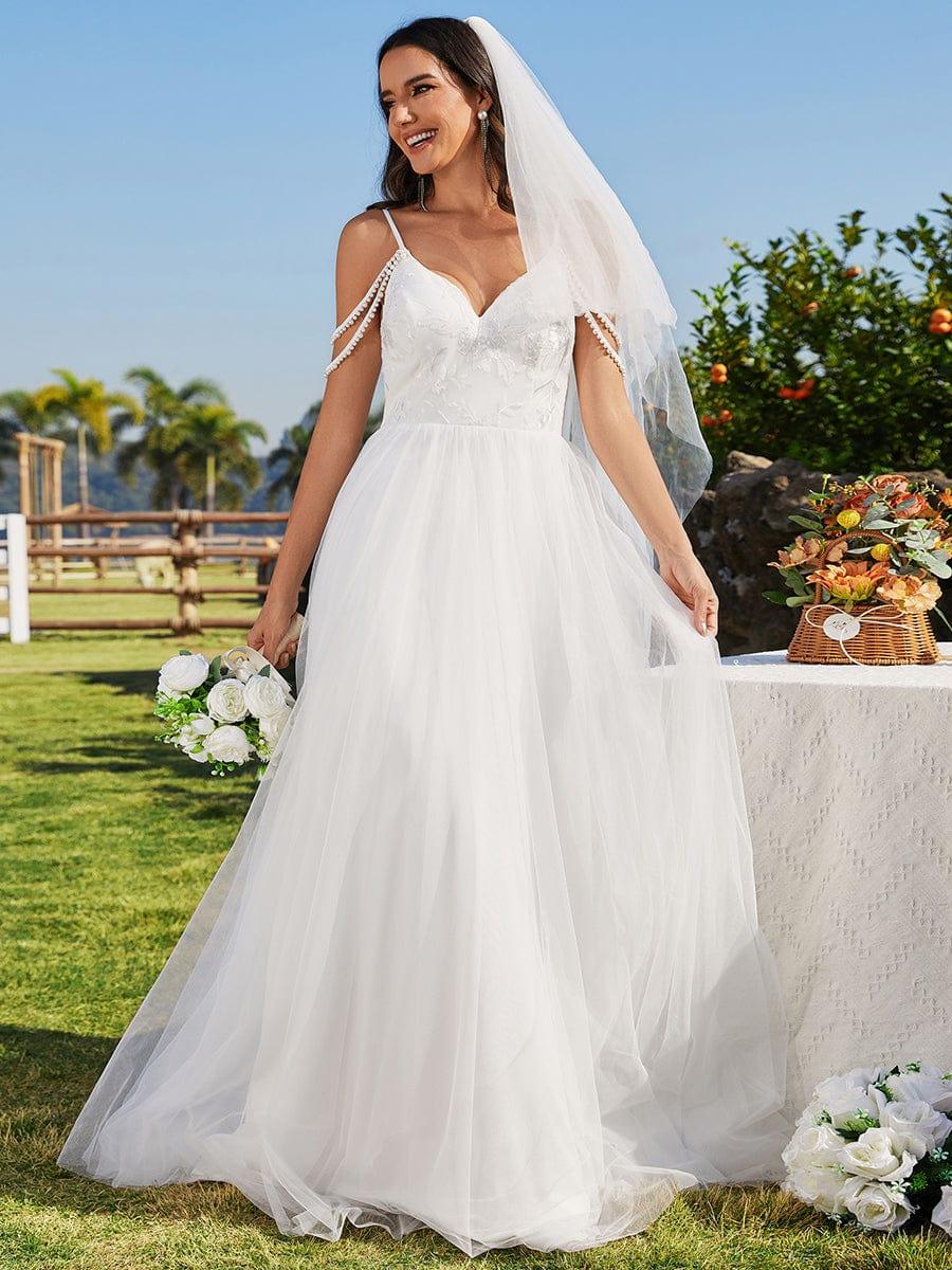 BRAZIA'S BRIDE|A-Line Pearl Spaghetti Strap Embroidered Tulle Wedding Dress with V-Neck