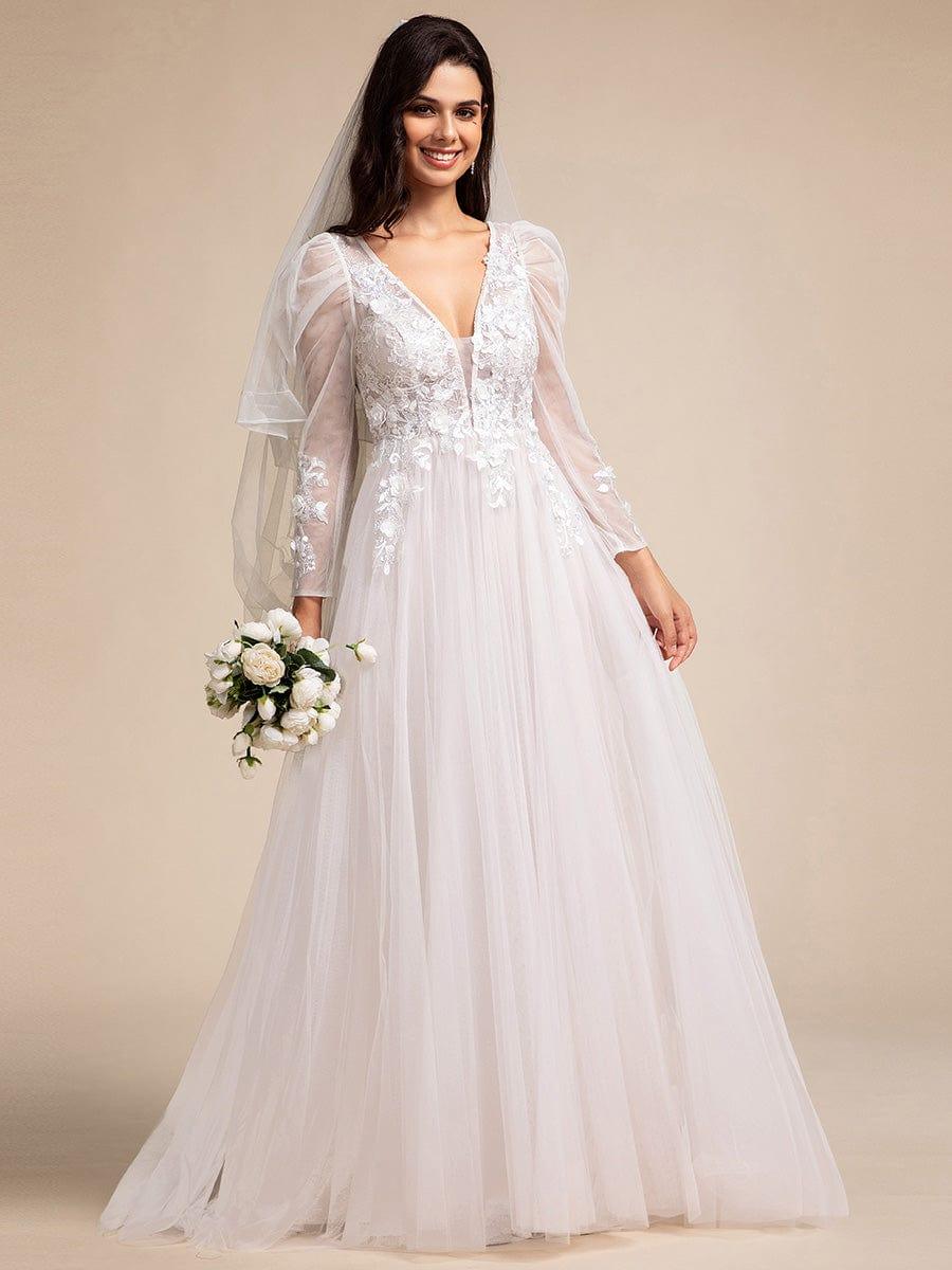 GENOVA’S BRIDE|V Neck Leg of Mutton Sleeves Applique See-Through Wedding Dress