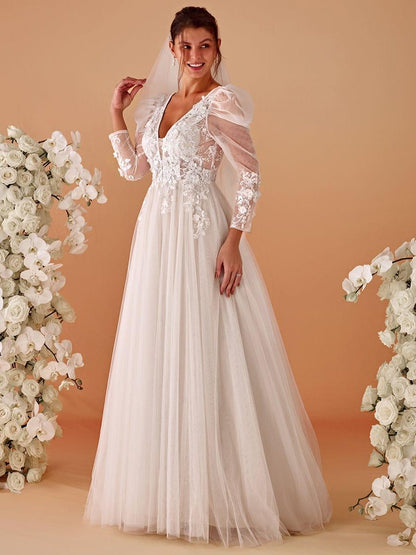 GENOVA’S BRIDE|V Neck Leg of Mutton Sleeves Applique See-Through Wedding Dress