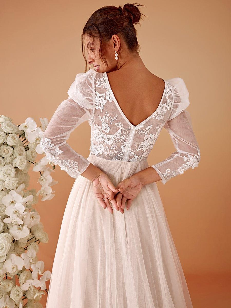 GENOVA’S BRIDE|V Neck Leg of Mutton Sleeves Applique See-Through Wedding Dress