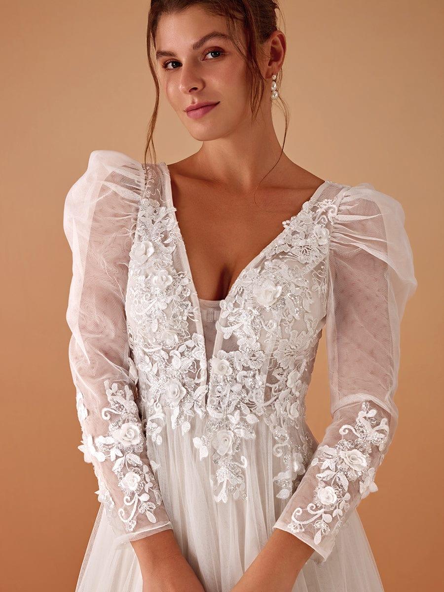 GENOVA’S BRIDE|V Neck Leg of Mutton Sleeves Applique See-Through Wedding Dress