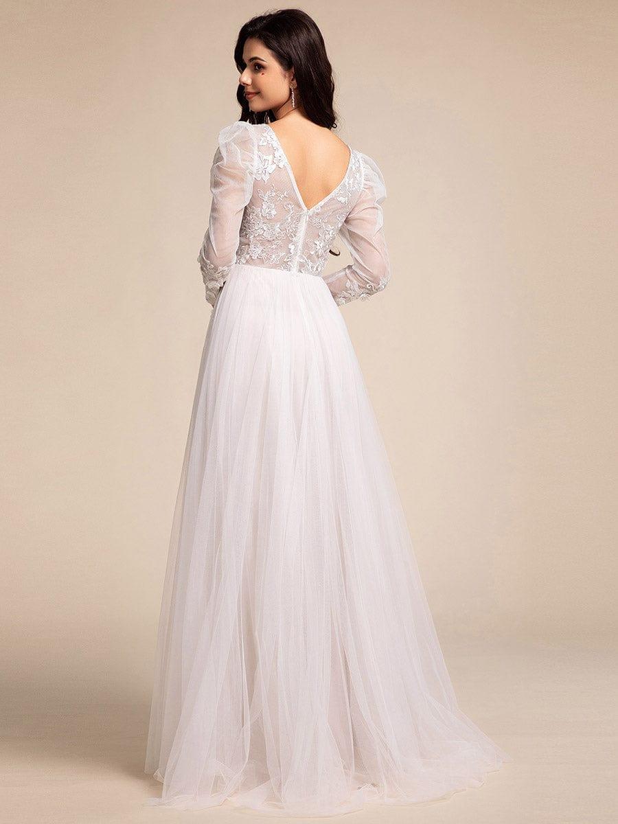 GENOVA’S BRIDE|V Neck Leg of Mutton Sleeves Applique See-Through Wedding Dress
