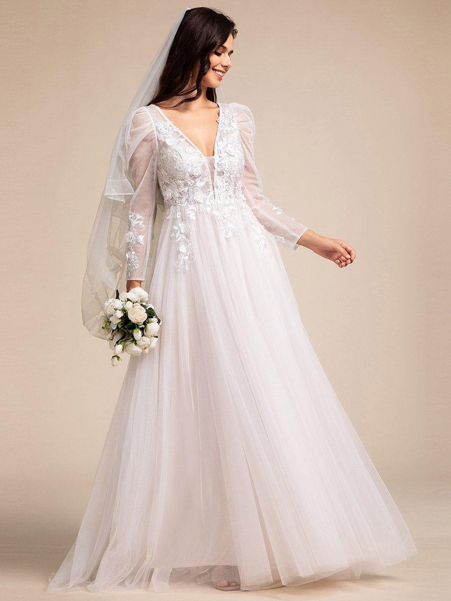 GENOVA’S BRIDE|V Neck Leg of Mutton Sleeves Applique See-Through Wedding Dress