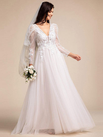 GENOVA’S BRIDE|V Neck Leg of Mutton Sleeves Applique See-Through Wedding Dress