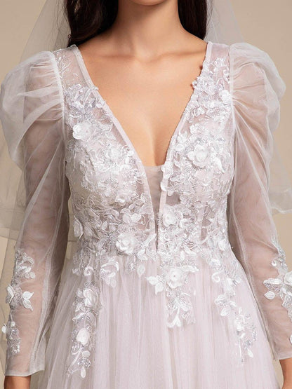 GENOVA’S BRIDE|V Neck Leg of Mutton Sleeves Applique See-Through Wedding Dress