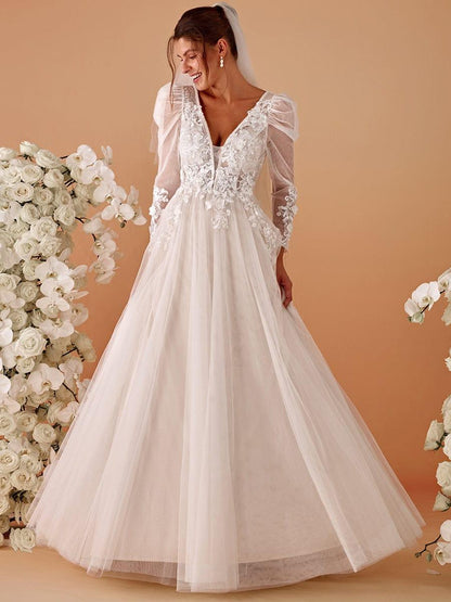 GENOVA’S BRIDE|V Neck Leg of Mutton Sleeves Applique See-Through Wedding Dress