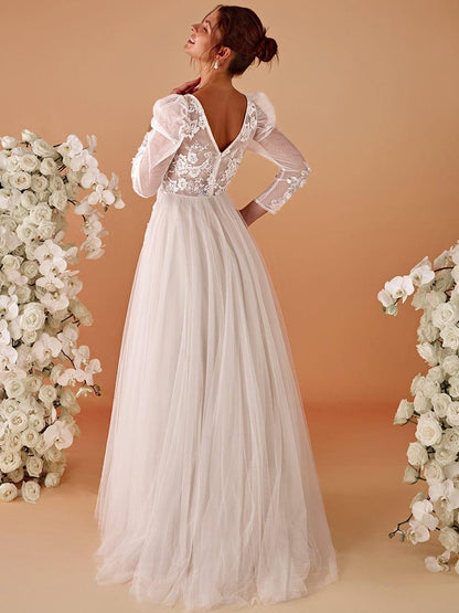GENOVA’S BRIDE|V Neck Leg of Mutton Sleeves Applique See-Through Wedding Dress