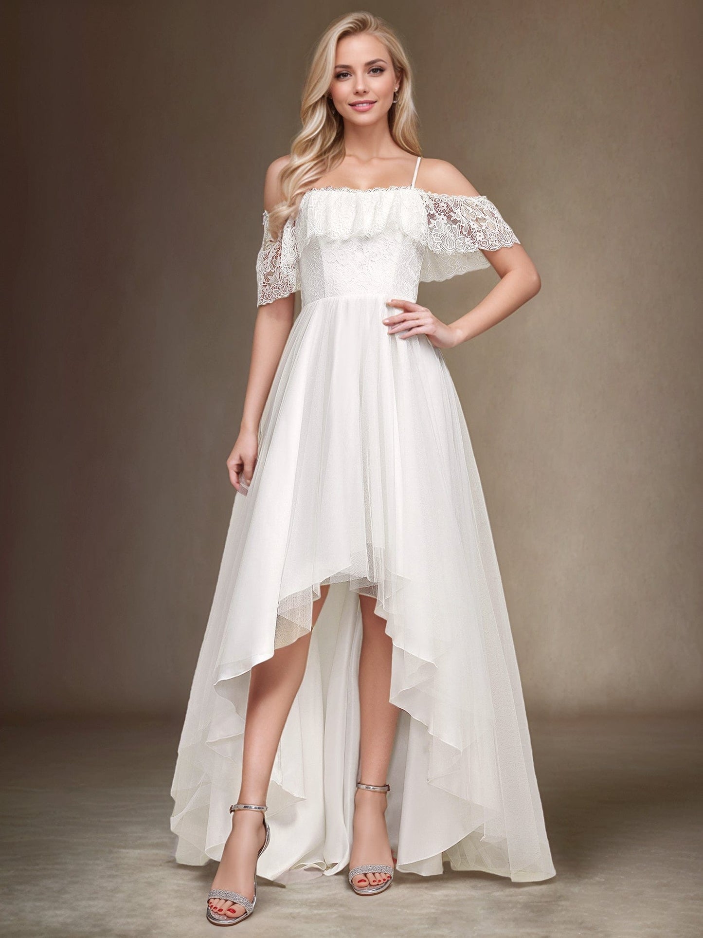 Cold Shoulder Lace High-Low Wedding Dress