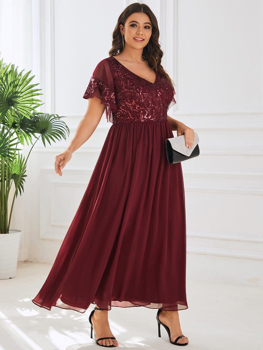 ever HAZEL|Elegant V-Neck Sequin A-Line Short Sleeves Chiffon Midi Formal Dress