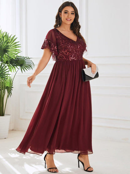ever HAZEL|Elegant V-Neck Sequin A-Line Short Sleeves Chiffon Midi Formal Dress