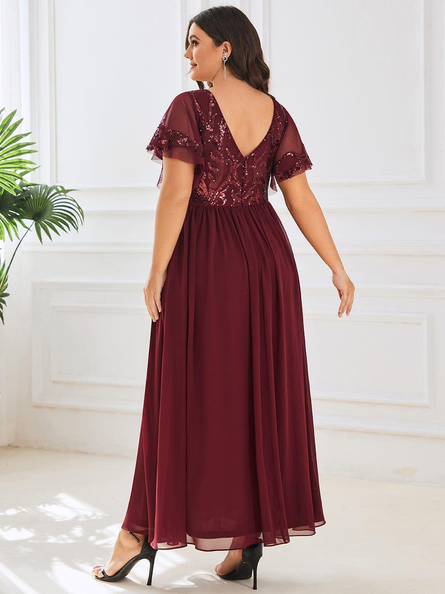 pretty HAZEL|Plus Size V-Neck Short Sleeve Sequin Bodice Mother of the Bride Dress