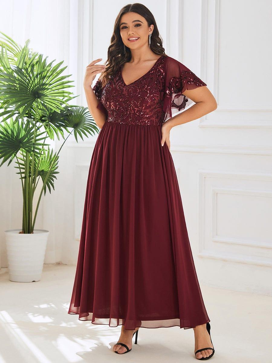 pretty HAZEL|Plus Size V-Neck Short Sleeve Sequin Bodice Mother of the Bride Dress