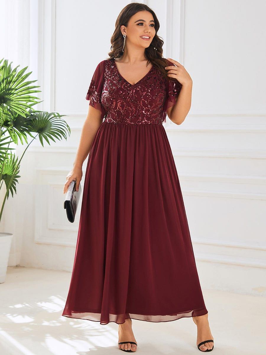 pretty HAZEL|Plus Size V-Neck Short Sleeve Sequin Bodice Mother of the Bride Dress