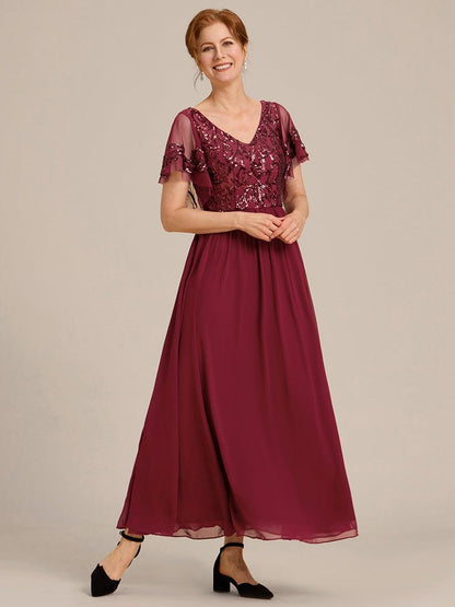 ever HAZEL|Short Sleeve V-Neck Sequin Chiffon A-Line Mother of the Bride Dress