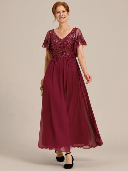 ever HAZEL|Short Sleeve V-Neck Sequin Chiffon A-Line Mother of the Bride Dress