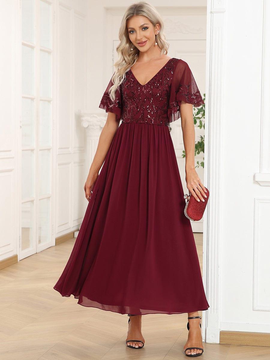 ever HAZEL|Elegant V-Neck Sequin A-Line Short Sleeves Chiffon Midi Formal Dress