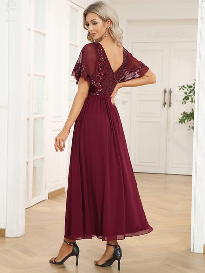 ever HAZEL|Elegant V-Neck Sequin A-Line Short Sleeves Chiffon Midi Formal Dress