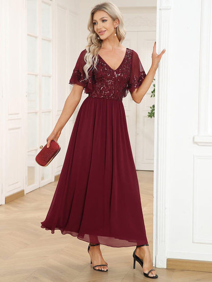 ever HAZEL|Elegant V-Neck Sequin A-Line Short Sleeves Chiffon Midi Formal Dress