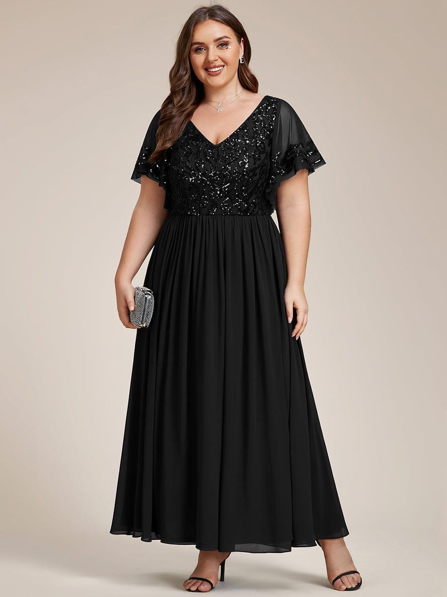 pretty HAZEL|Plus Size V-Neck Short Sleeve Sequin Bodice Mother of the Bride Dress