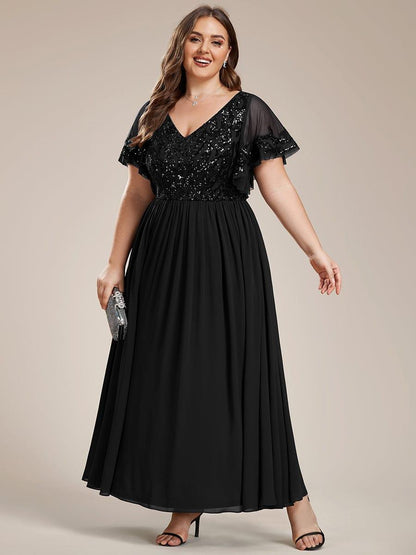 pretty HAZEL|Plus Size V-Neck Short Sleeve Sequin Bodice Mother of the Bride Dress