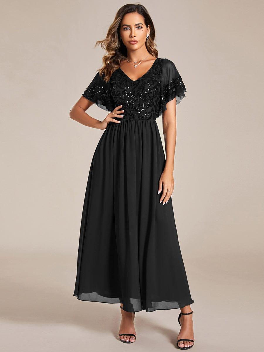 ever HAZEL|Elegant V-Neck Sequin A-Line Short Sleeves Chiffon Midi Formal Dress