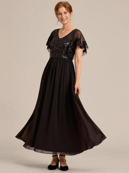 ever HAZEL|Short Sleeve V-Neck Sequin Chiffon A-Line Mother of the Bride Dress