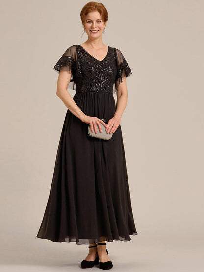ever HAZEL|Short Sleeve V-Neck Sequin Chiffon A-Line Mother of the Bride Dress