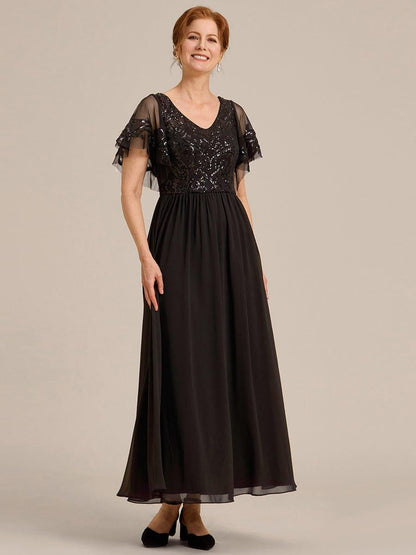ever HAZEL|Short Sleeve V-Neck Sequin Chiffon A-Line Mother of the Bride Dress