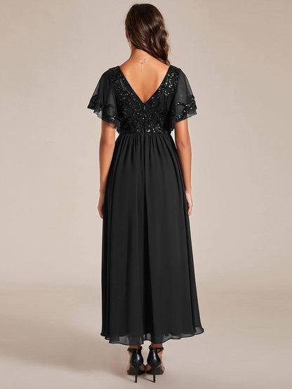 ever HAZEL|Elegant V-Neck Sequin A-Line Short Sleeves Chiffon Midi Formal Dress