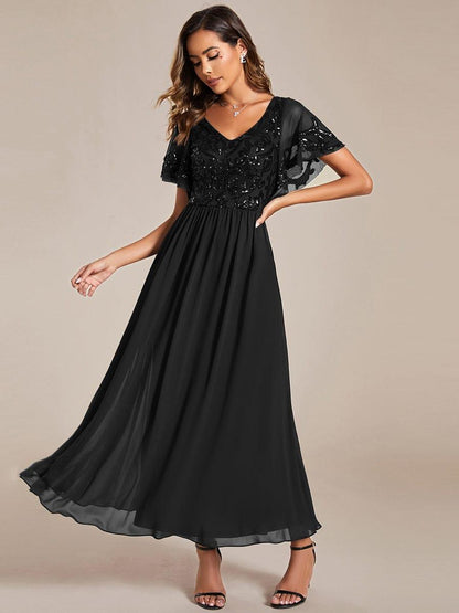 ever HAZEL|Elegant V-Neck Sequin A-Line Short Sleeves Chiffon Midi Formal Dress