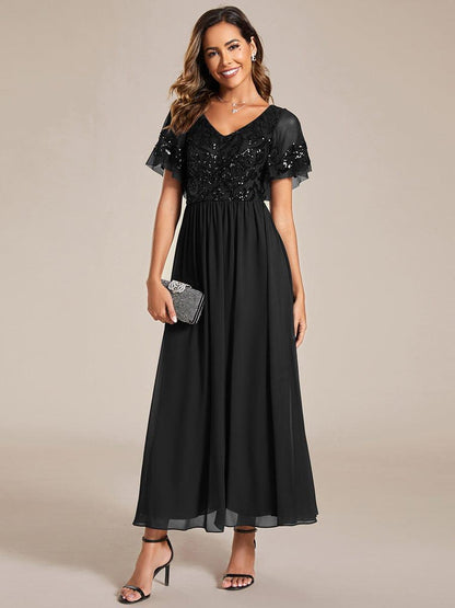ever HAZEL|Elegant V-Neck Sequin A-Line Short Sleeves Chiffon Midi Formal Dress