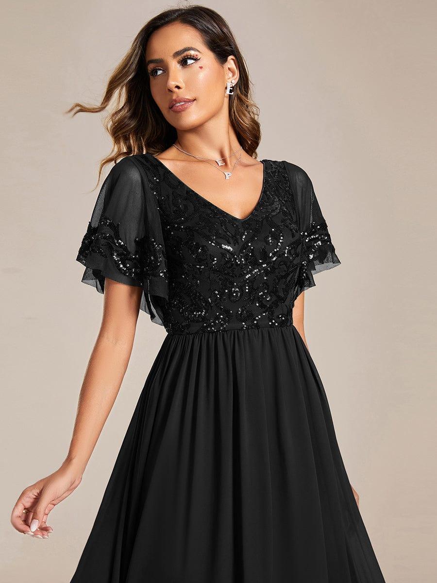 ever HAZEL|Elegant V-Neck Sequin A-Line Short Sleeves Chiffon Midi Formal Dress