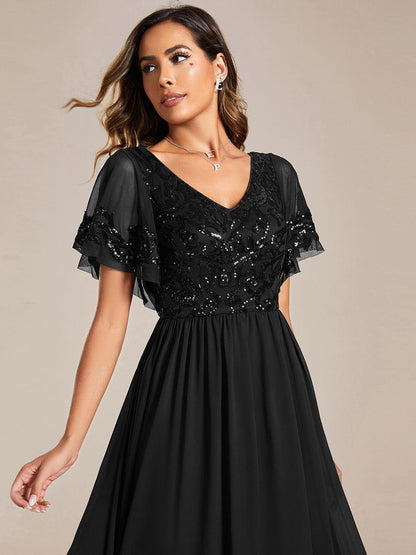 ever HAZEL|Elegant V-Neck Sequin A-Line Short Sleeves Chiffon Midi Formal Dress